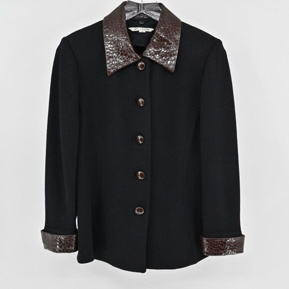 St. John Jackets & Blazers - ST JOHN Jacket Womens Sz 10 Santana Knit Removable Collar Button Front Croc Trim